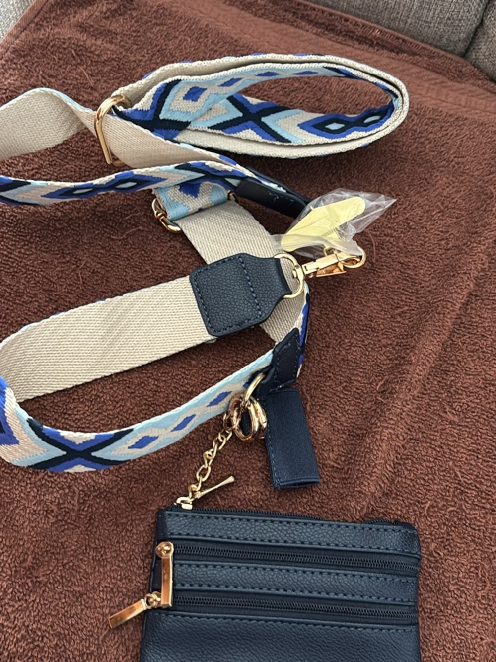 Women's Navy Blue Crossbody Strap Bag with Patterned Adjustable Strap